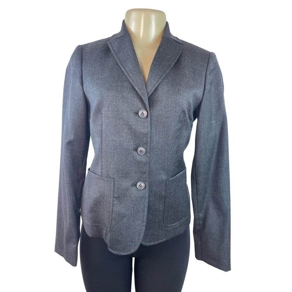 Women's Gray Stretch Long Sleeve Blazer With Pockets & Satin Interior Sz 38